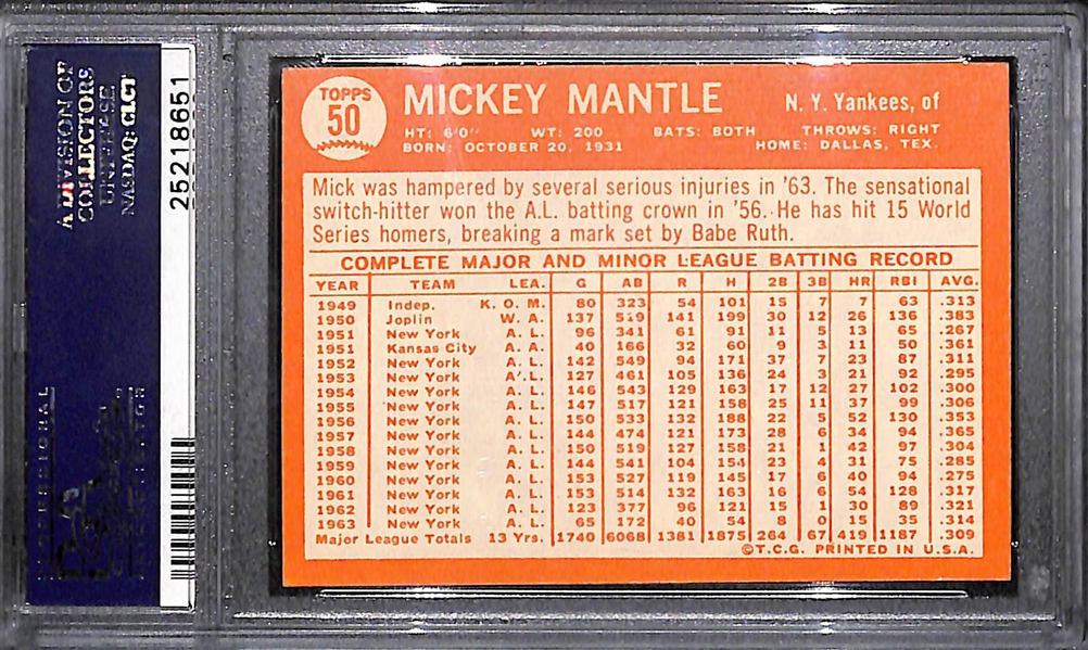 1964 Topps # 50 Mickey Mantle Graded PSA 7 Near Mint