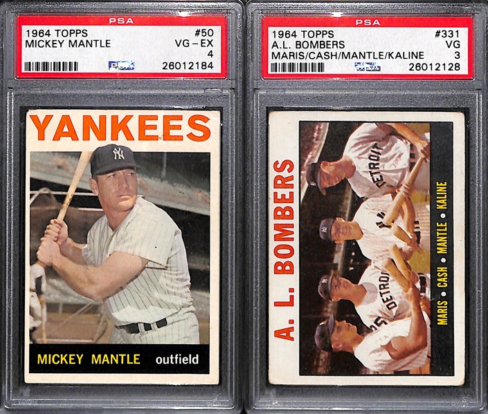 Lot of (2) 1964 Topps Baseball Graded Cards w. Mickey Mantle PSA 4 and A.L. Bombers Maris/Cash/Mantle/Kaline PSA 3