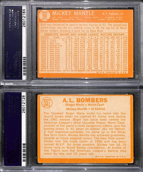 Lot of (2) 1964 Topps Baseball Graded Cards w. Mickey Mantle PSA 4 and A.L. Bombers Maris/Cash/Mantle/Kaline PSA 3