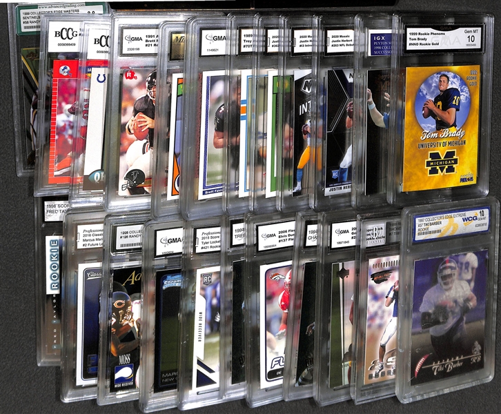 Lot of (25) Graded Football Rookies and Stars w. T. Brady, P. Manning, Herbert, Burrow, Moss, B. Sanders, Favre, Aikman  and Others