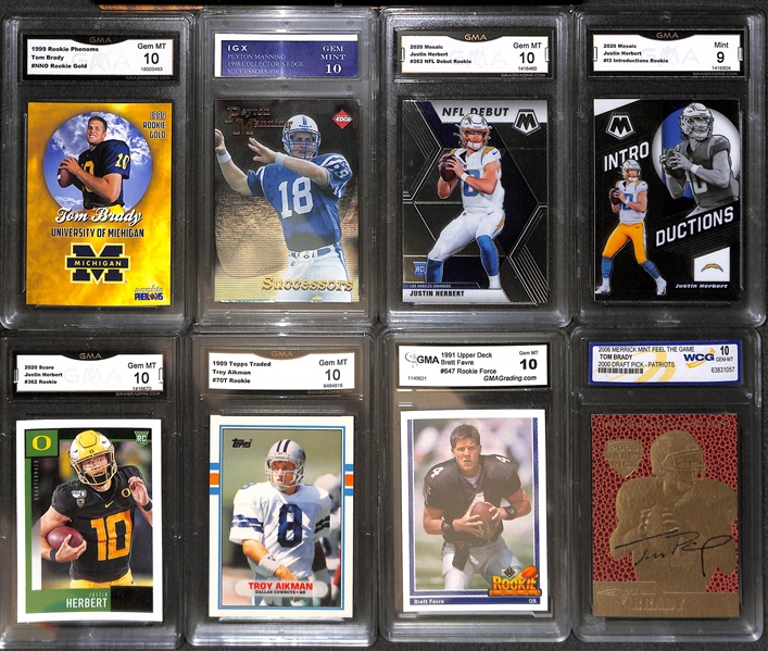 Lot of (25) Graded Football Rookies and Stars w. T. Brady, P. Manning, Herbert, Burrow, Moss, B. Sanders, Favre, Aikman  and Others
