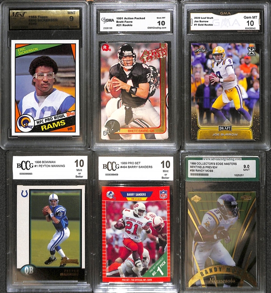 Lot of (25) Graded Football Rookies and Stars w. T. Brady, P. Manning, Herbert, Burrow, Moss, B. Sanders, Favre, Aikman  and Others
