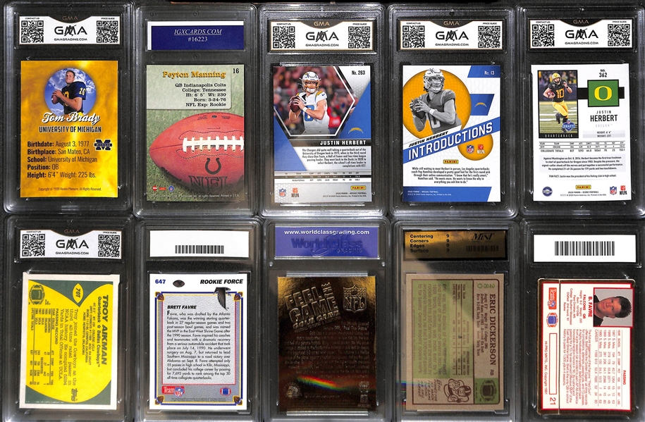Lot of (25) Graded Football Rookies and Stars w. T. Brady, P. Manning, Herbert, Burrow, Moss, B. Sanders, Favre, Aikman  and Others