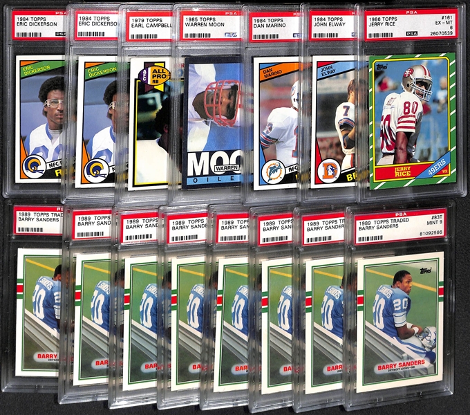 Lot of (15) PSA Graded Football Rookie Cards w. Marino, Elway, Rice, B. Sanders, Moon, and More