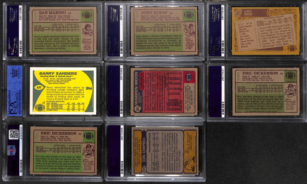 Lot of (15) PSA Graded Football Rookie Cards w. Marino, Elway, Rice, B. Sanders, Moon, and More