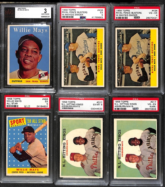 Lot of (6) Mostly PSA Graded 1958 and 1959 Willie Mays Baseball Cards