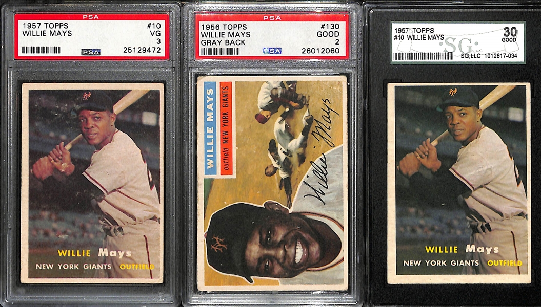 Lot of (3) PSA and SGC Graded 1956 and 1957 Willie Mays Baseball Cards