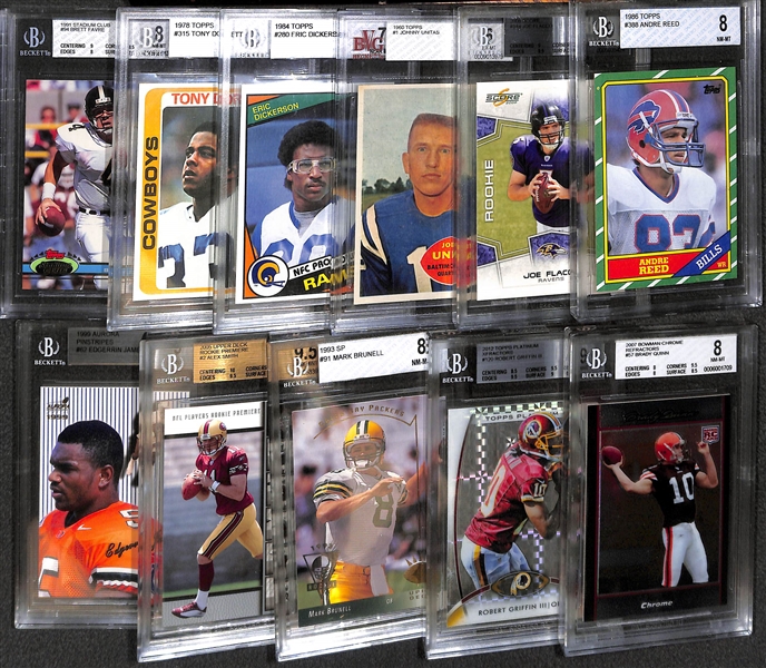 Lot of (11) BGS Graded Football Mostly Rookies w. Favre, Dorsett, Dickerson, and Unitas