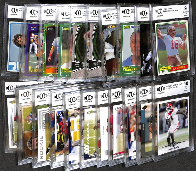 Lot of (20+) BCCG Graded Football Mostly Rookies 1980s-Current w. Montana, P. Manning, B. Sanders, Brees, Burrow and More 