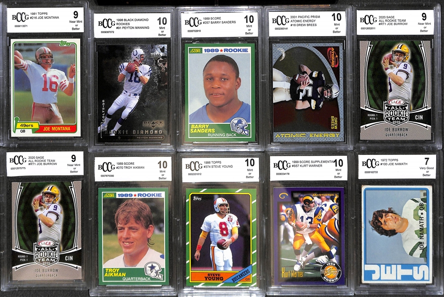 Lot of (20+) BCCG Graded Football Mostly Rookies 1980s-Current w. Montana, P. Manning, B. Sanders, Brees, Burrow and More 