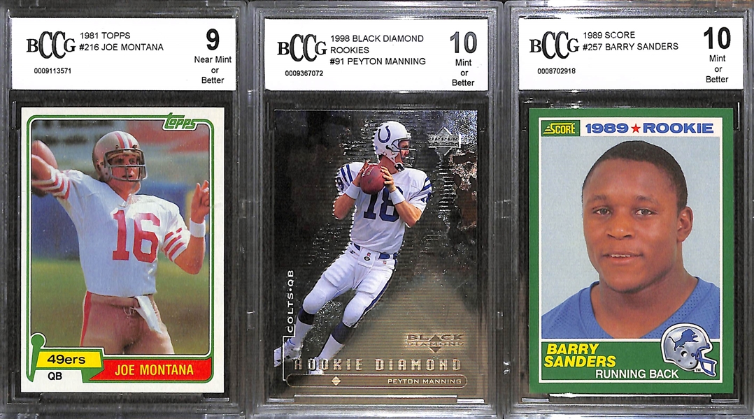Lot of (20+) BCCG Graded Football Mostly Rookies 1980s-Current w. Montana, P. Manning, B. Sanders, Brees, Burrow and More 