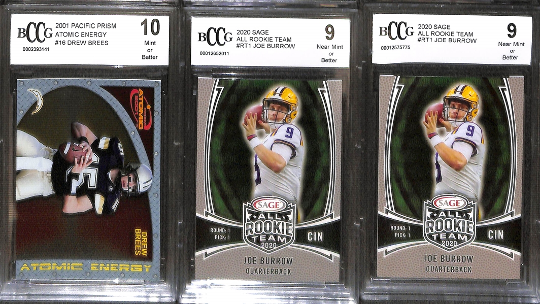 Lot of (20+) BCCG Graded Football Mostly Rookies 1980s-Current w. Montana, P. Manning, B. Sanders, Brees, Burrow and More 