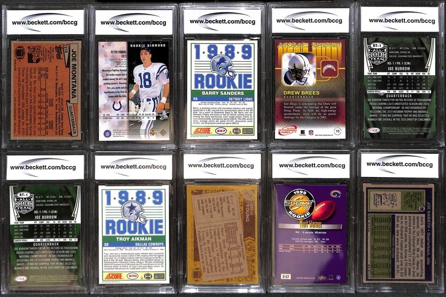 Lot of (20+) BCCG Graded Football Mostly Rookies 1980s-Current w. Montana, P. Manning, B. Sanders, Brees, Burrow and More 