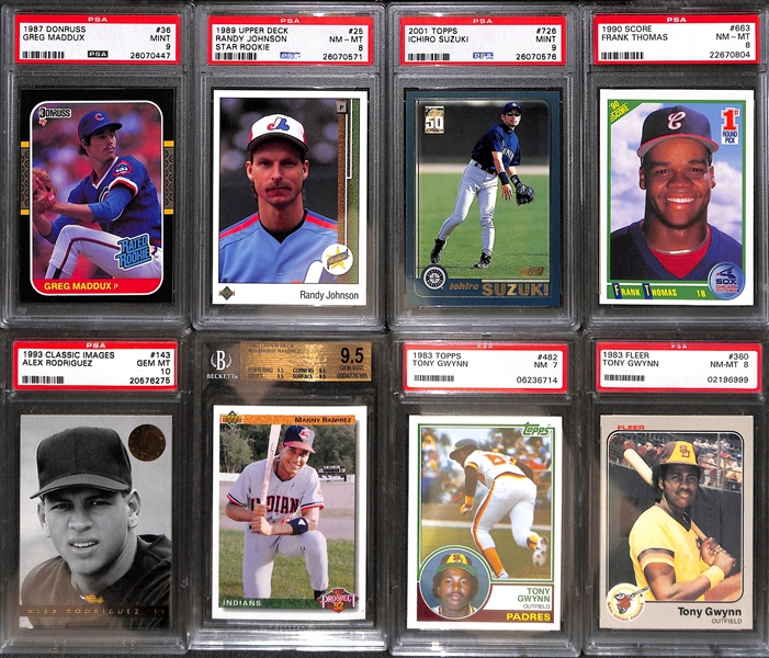 Lot of (20+) 1980s Through Early 1990s PSA and BGS Graded Baseball Mostly Rookies w. Gwynn, Maddux, Sosa, Bonds, Ichiro, Ripken, Clemens, and More