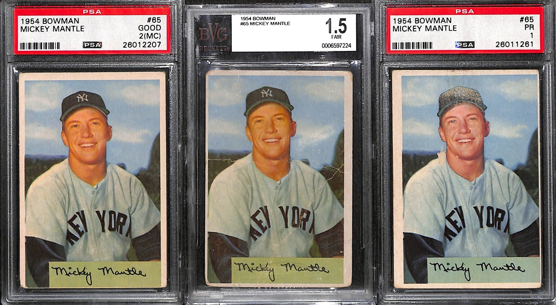 Lot of (3) PSA and BGS 1954 Bowman # 65 Mickey Mantle Baseball Cards