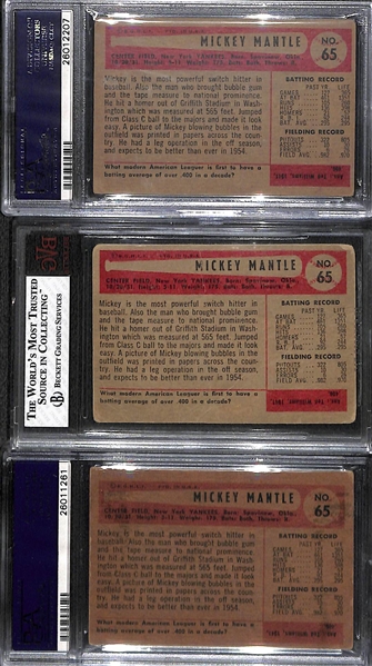 Lot of (3) PSA and BGS 1954 Bowman # 65 Mickey Mantle Baseball Cards