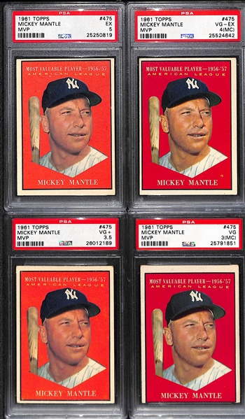 Lot of (4) 1961 Topps # 475 Mickey Mantle MVP All PSA Graded