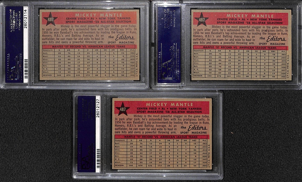 Lot of (3) 1958 Topps # 487 Mickey Mantle All Star PSA Graded Cards