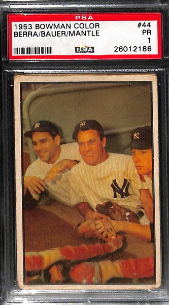 1956 #135A Mickey Mantle White Back BGS 1 and 1953 Bowman Color #44 Berra/Bauer/Mantle PSA 1 