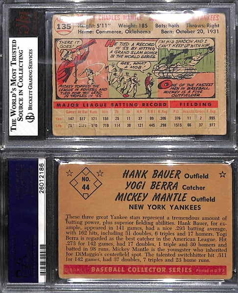 1956 #135A Mickey Mantle White Back BGS 1 and 1953 Bowman Color #44 Berra/Bauer/Mantle PSA 1 