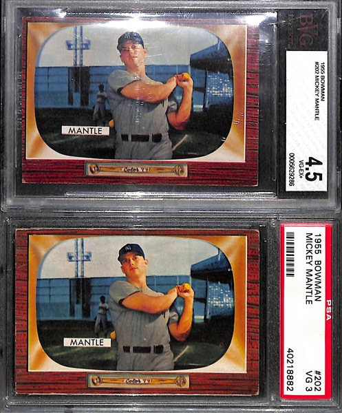 Lot of (2) 1955 Bowman # 202 Mickey Mantle Cards Graded BGS 4.5 and PSA 3