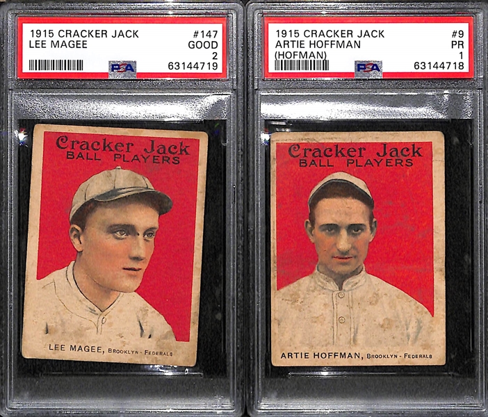 Lot of (2) 1915 Cracker Jack Cards (Lee Magee #147 PSA 2; Artie Hoffman #9 PSA 1)