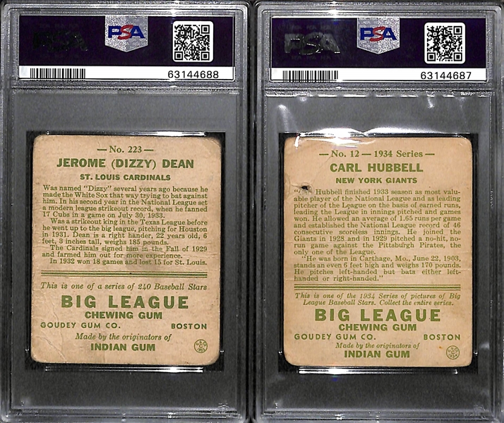 1933 Goudey Dizzy Dean (#223) & 1934 Goudey Carl Hubbell (#12) - Both Graded PSA 1