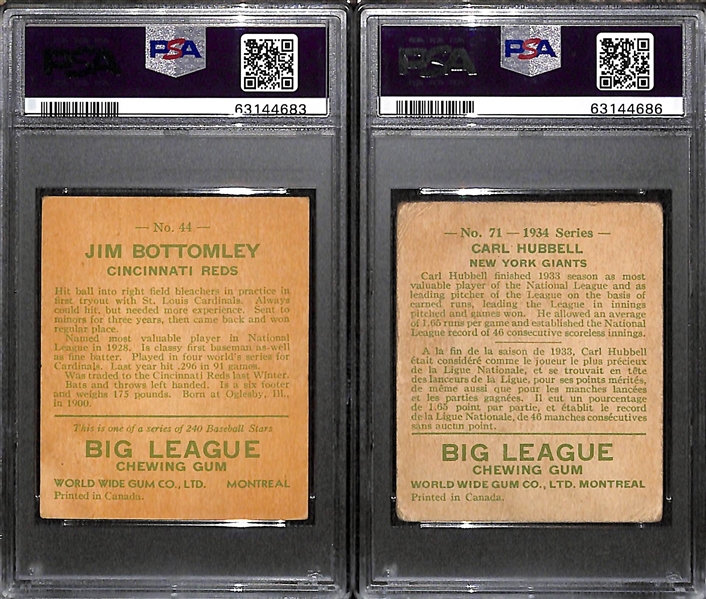 1933 World Wide Gum Jim Bottomley (#44) PSA 3.5 & 1934 World Wide Gum Carl Hubbell (#71) PSA 2