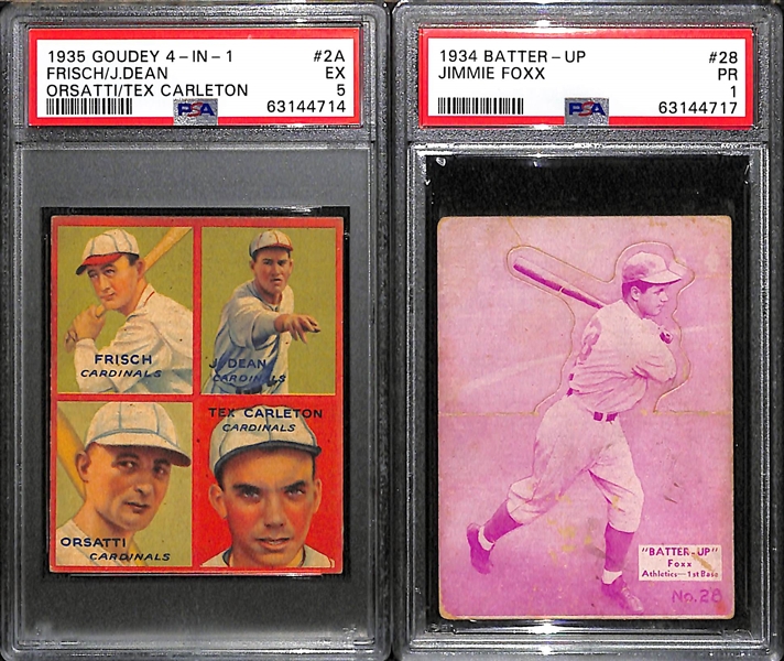 1935 Goudey 4-in-1 #2A (w. Frankie Frisch & Dizzy Dean) PSA 5 & 1934 Batter-Up Jimmie Fox #28 PSA 1 