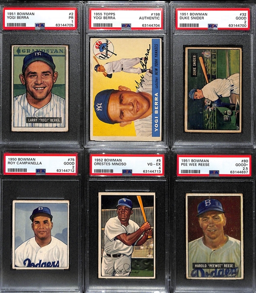 (6) 1950-1955 PSA Graded Cards - (2) Berra, Snider, Campanella, Minoso (1952 Bowman Rookie PSA 4), Reese