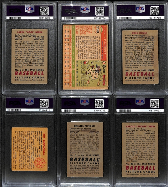 (6) 1950-1955 PSA Graded Cards - (2) Berra, Snider, Campanella, Minoso (1952 Bowman Rookie PSA 4), Reese
