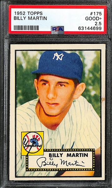 (4) 1952 Topps Graded Cards - Billy Martin Rookie (PSA 2.5), B. Chipman HIgh Number #388 PSA 2, Duke Snider PSA 2,(MK), Ted Kluszewski PSA 3