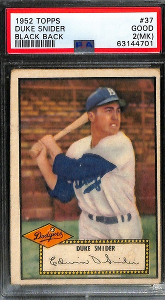 (4) 1952 Topps Graded Cards - Billy Martin Rookie (PSA 2.5), B. Chipman HIgh Number #388 PSA 2, Duke Snider PSA 2,(MK), Ted Kluszewski PSA 3