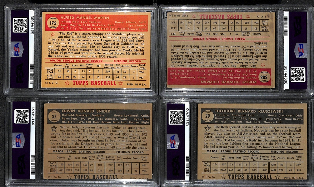 (4) 1952 Topps Graded Cards - Billy Martin Rookie (PSA 2.5), B. Chipman HIgh Number #388 PSA 2, Duke Snider PSA 2,(MK), Ted Kluszewski PSA 3