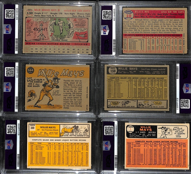 Lot of (6) Graded Willie Mays Cards - 1956 (PSA 1), 1957 (PSA 2), 1960 All-Star (PSA 4), 1961 Topps (PSA 4), 1963 Topps (PSA 3.5), 1966 (PSA 4)