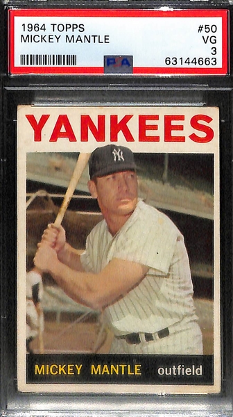 Mickey Mantle Graded Lot (3) - 1962 Topps #200 (PSA 2.5), 1964 Topps #50 (PSA 4), 1964 Topps #50 (PSA 3)