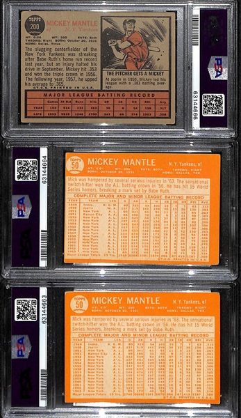 Mickey Mantle Graded Lot (3) - 1962 Topps #200 (PSA 2.5), 1964 Topps #50 (PSA 4), 1964 Topps #50 (PSA 3)