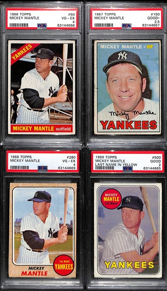 Mickey Mantle Graded Lot (4) - 1966 Topps #50 (PSA 4), 1967 Topps #150 (PSA 2.5), 1968 Topps #280 (PSA 4), 1969 Topps #500 (PSA 2)