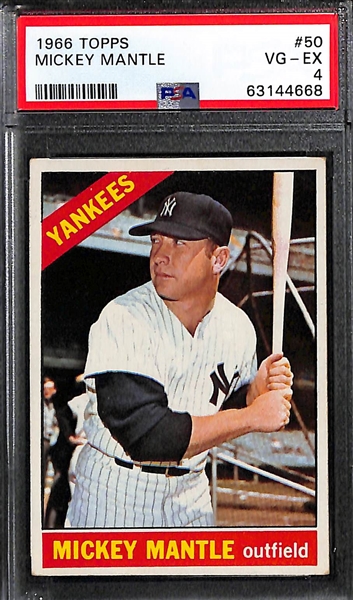 Mickey Mantle Graded Lot (4) - 1966 Topps #50 (PSA 4), 1967 Topps #150 (PSA 2.5), 1968 Topps #280 (PSA 4), 1969 Topps #500 (PSA 2)