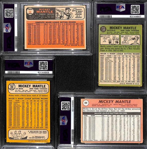 Mickey Mantle Graded Lot (4) - 1966 Topps #50 (PSA 4), 1967 Topps #150 (PSA 2.5), 1968 Topps #280 (PSA 4), 1969 Topps #500 (PSA 2)