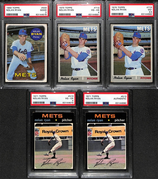 1969-1971 Nolan Ryan 5-Card PSA Lot - 1969 (PSA 2), 1970 (PSA 4), 1970 (PSA 3.5), 1971 (PSA 4), 1971 (PSA Authentic)
