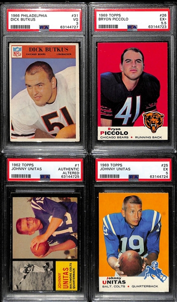 (4) Graded Football Cards w. Butkus Rookie (PSA 3), Piccolo Rookie (PSA 5.5) and (2) Johnny Unitas Cards (1962 Topps & 1969 Topps)