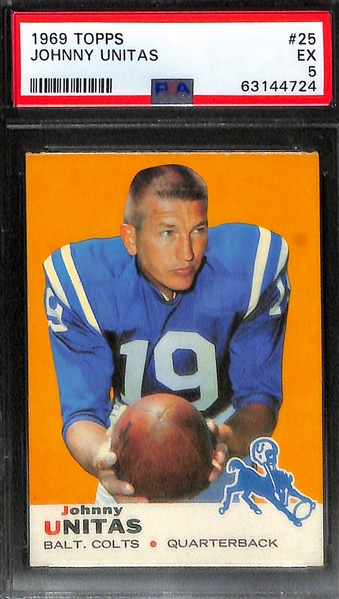 (4) Graded Football Cards w. Butkus Rookie (PSA 3), Piccolo Rookie (PSA 5.5) and (2) Johnny Unitas Cards (1962 Topps & 1969 Topps)