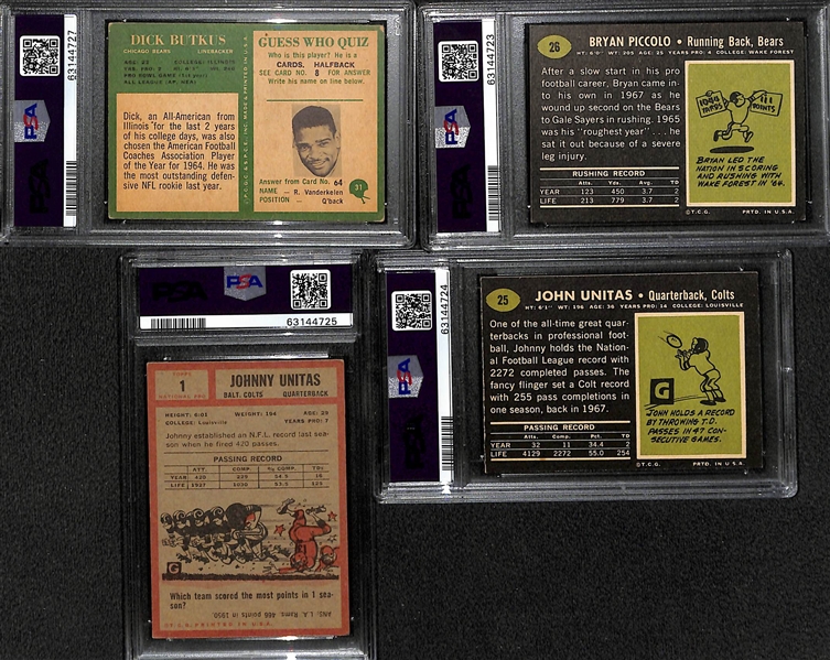(4) Graded Football Cards w. Butkus Rookie (PSA 3), Piccolo Rookie (PSA 5.5) and (2) Johnny Unitas Cards (1962 Topps & 1969 Topps)