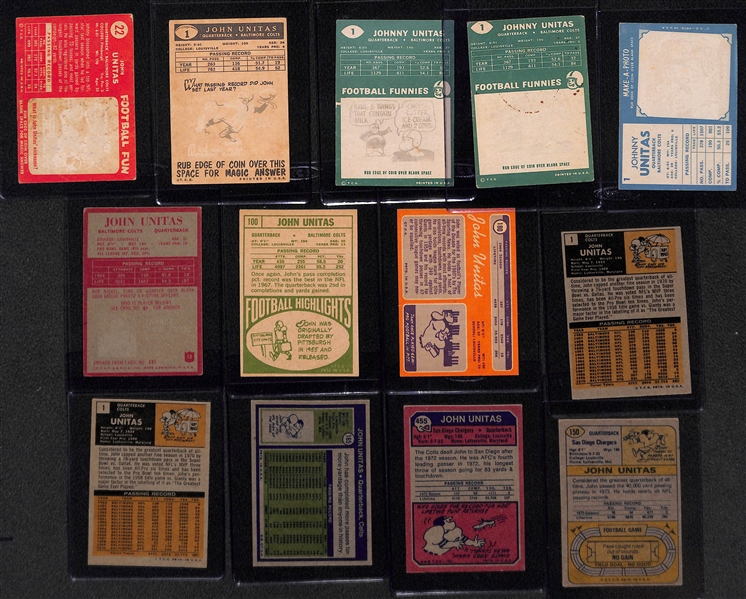  Lot of (13) Johnny Unitas Football Cards w. 2nd Year 1958 Topps Card
