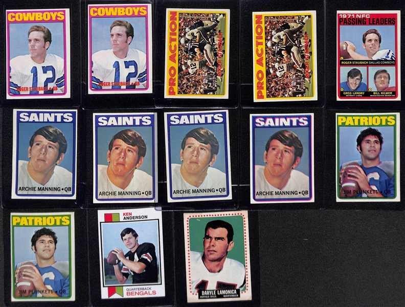 Lot of (13) Topps Rookie Football Quarterback Cards from 1964-1973 w. 1972 Roger Staubach x2