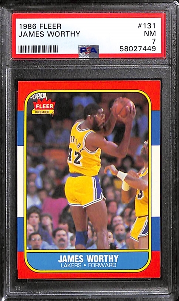 (5) Graded 1986 Fleer Basketball Cards - Worthy (PSA 7), Abdul-Jabbar (PSA 7), Erving (PSA 7.5), Abdul-Jabbar (PSA 6), Mullin (PSA 7)