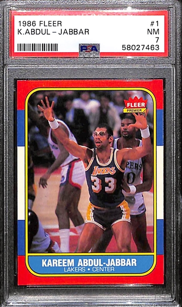 (5) Graded 1986 Fleer Basketball Cards - Worthy (PSA 7), Abdul-Jabbar (PSA 7), Erving (PSA 7.5), Abdul-Jabbar (PSA 6), Mullin (PSA 7)
