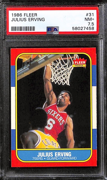 (5) Graded 1986 Fleer Basketball Cards - Worthy (PSA 7), Abdul-Jabbar (PSA 7), Erving (PSA 7.5), Abdul-Jabbar (PSA 6), Mullin (PSA 7)