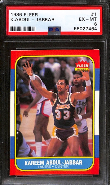 (5) Graded 1986 Fleer Basketball Cards - Worthy (PSA 7), Abdul-Jabbar (PSA 7), Erving (PSA 7.5), Abdul-Jabbar (PSA 6), Mullin (PSA 7)